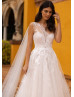 One Shoulder Beaded Ivory Lace Tulle Sparkly Wedding Dress